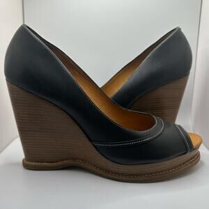 Michael Kors Newton Black Wedge Heel Pep Toe Leather Shoes SZ 9.5